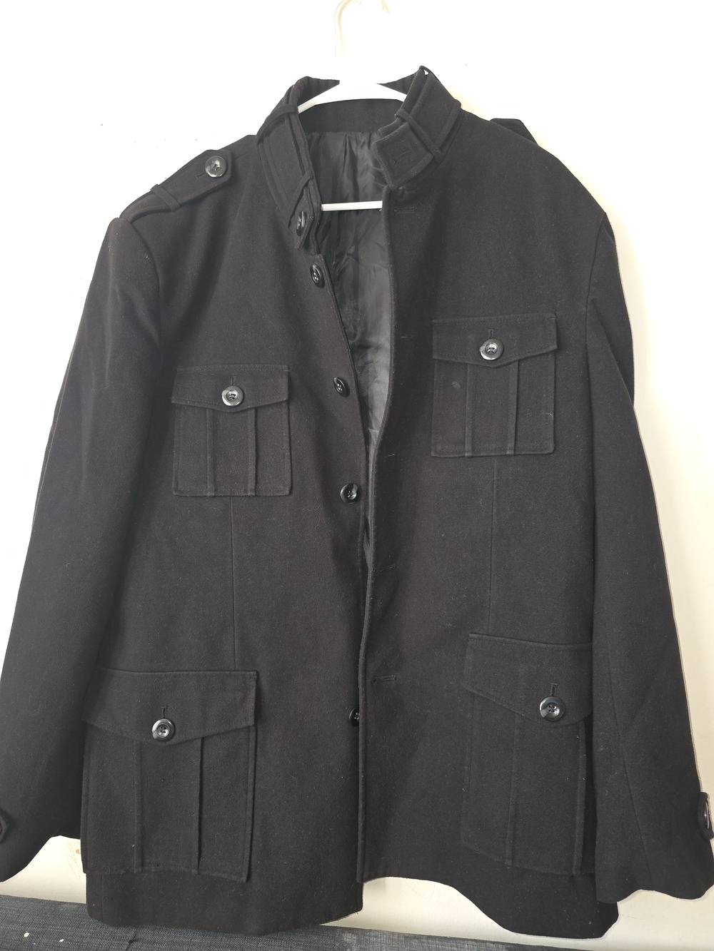 Men's Black Military Field Jacket - Classic Button Front